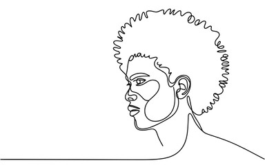 Minimalist continuous line art illustration of a young man with afro hair in side profile, modern abstract black and white design.