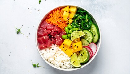 Vibrant Poke Bowl with Tuna, Rice, Vegetables, and Edamame in a Healthy Presentation