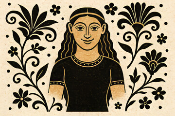 Woman with long hair surrounded by floral patterns