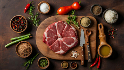 Flat lay of raw meat and spices with knife bowls and cutting board arranged for cooking