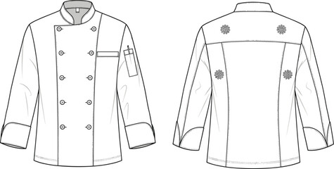 Professional chef jacket flat sketch front and back view, restaurant uniform apparel design, detailed fashion cad drawing flat vector illustration