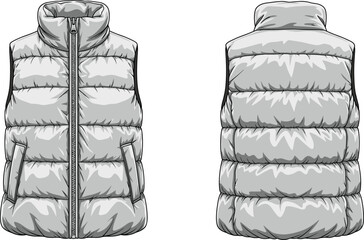Puffer sleeveless jacket front and back view, quilted winter vest design template with zipper, detailed cad drawing flat vector illustration