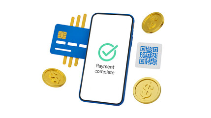 A 3D illustration of a successful mobile payment showing a smartphone with a confirmation message a credit card a QR code and gold coins representing a completed transaction