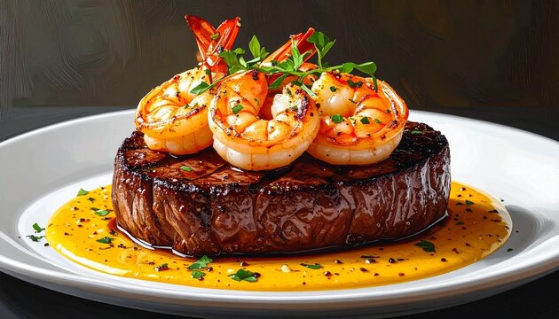 Juicy grilled steak with succulent shrimp and a rich, creamy sauce on a white plate