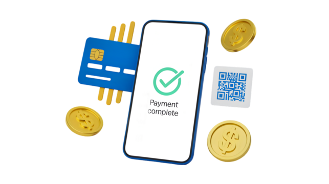 A 3D illustration of a successful mobile payment showing a smartphone with a confirmation message a credit card a QR code and gold coins representing a completed transaction