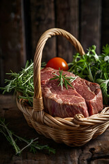 Raw beef steak and herbs in rustic woven basket with soft natural moody light