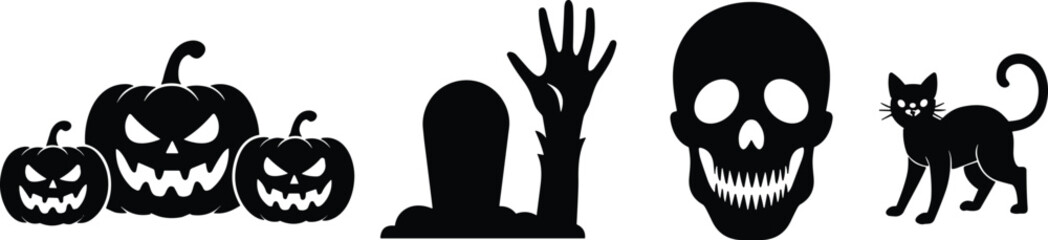 Halloween silhouette icon set, jack-o'-lanterns, zombie hand, skull, black cat, spooky vector pack, eerie festive illustration, horror character design elements