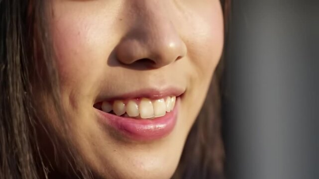 Close-up of a person's smiling face, highlighting their teeth and lips. The lighting is bright