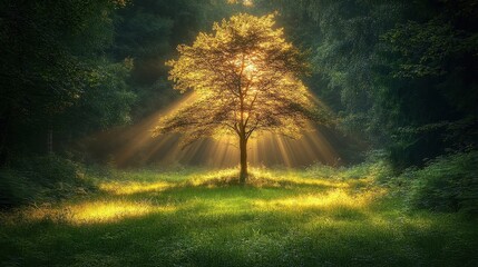 Sunlit tree in a forest clearing, with golden rays bursting through the foliage