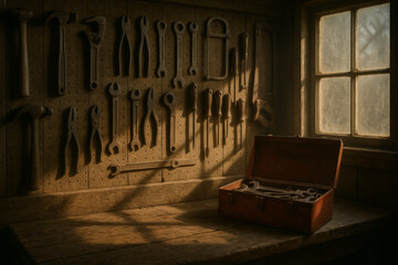 Organized workshop tools with warm light and shadows