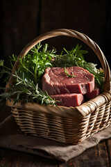 Close up of raw beef steak with herbs arranged in rustic basket under soft daylight