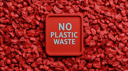 A bold red sign on crumpled plastic waste promotes the message "No Plastic Waste," highlighting environmental awareness and sustainability.