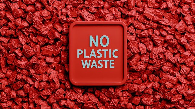 A bold red sign on crumpled plastic waste promotes the message "No Plastic Waste," highlighting environmental awareness and sustainability.