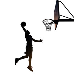 Illustration of silhouette of basketball player dunking isolated on transparent background
