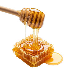 Honey dripping from wooden dipper onto honeycomb isolated on a transparent background