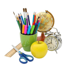 Illustration of school supplies with globe and clock isolated on transparent background