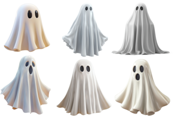 A collection of six ghostly figures in various shades of white and gray, with black eyes and mouths, against a white background.