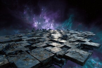 Ethereal Cosmic Landscape with Textured Terrain and Nebulous Aurora.