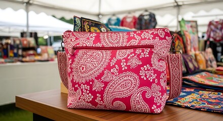 Vibrant red batik fabric pouch displayed at an outdoor market stall