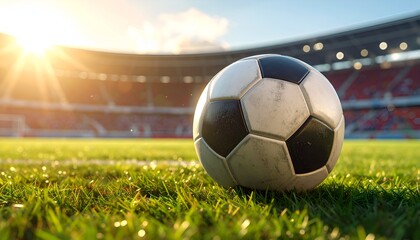 Fototapeta premium A close-up of a soccer ball resting on vibrant green grass in a stadium at sunset, capturing the game spirit