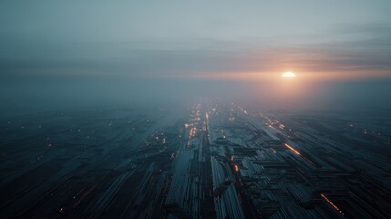 Ethereal Dawn Over a Hazy, Sprawling Metropolis with a Distant Sun Flare.