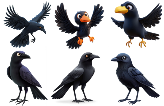 A group of six cartoon crows with different expressions and poses.