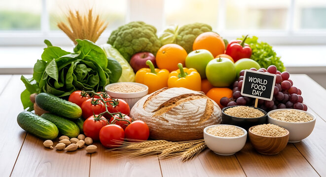 Abundance of fresh fruits, vegetables, grains, and nuts celebrating World Food Day, showcasing healthy food diversity