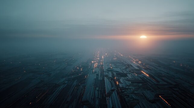 Ethereal Dawn Over a Hazy, Sprawling Metropolis with a Distant Sun Flare.