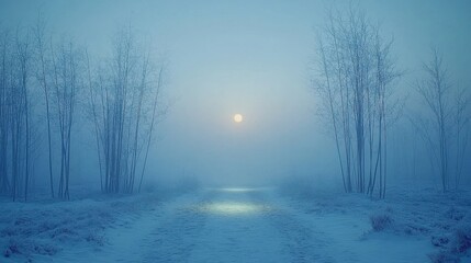 Obraz premium A frosty path leads towards a hazy sun, flanked by skeletal trees shrouded in mist