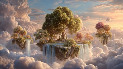 Ethereal Floating Islands with Cascading Waterfalls Amidst Dreamlike Clouds at Sunset.