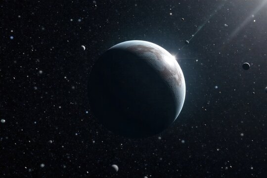 Orbital Assembly Robotic Arms Crafting Moons Around a Giant Gas Planet A vast expanse of deep space featuring a colossal gas giant planet. Sleek, metallic robotic arms, without any visible connection