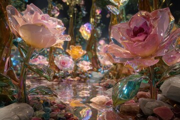 Ethereal Glowing Crystal Flowers Reflected in a Magical Enchanted Garden.
