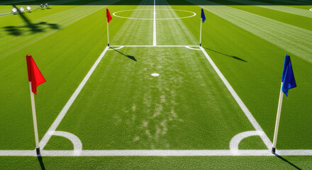 Soccer field corner with red and blue flags and white markings on green grass, perfect for sports and outdoor events