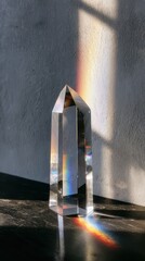 Ethereal Light Play - A Clear Quartz Crystal Tower Refracting a Vibrant Rainbow.