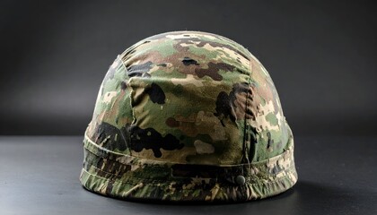 Camouflage helmet placed on a dark surface, highlighting its unique design and texture for military use