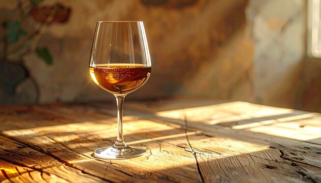 A clear glass filled with amber liquid sits on a rustic wooden table bathed in warm sunlight 
