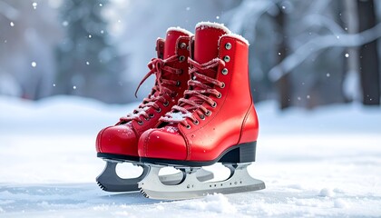 A pair of bright red ice skates resting on a snowy surface with a winter forest backdrop, capturing the essence of outdoor ice skating
