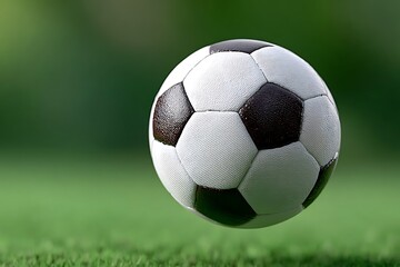 Fototapeta premium Black and White Soccer Ball in Motion Over Grass Field