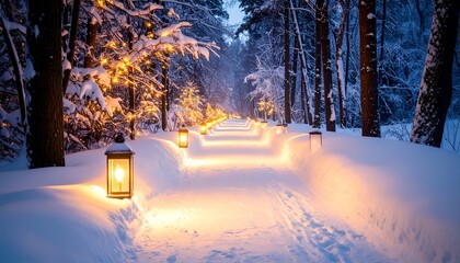 Serene winter pathway illuminated by lanterns, surrounded by snow-covered trees in a tranquil forest