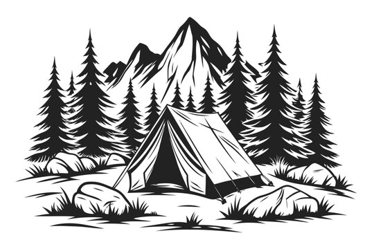 Rustic mountain camping scene with tent and pine forest woodcut style