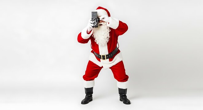 Santa Claus taking a selfie with his smartphone on a white background.