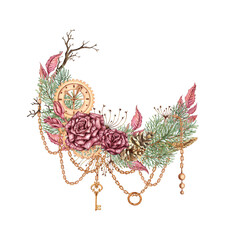 Wreath of burgundy roses, fir branches, cones, chains, key, pendant, gears and clock elements. Watercolor illustration in steampunk style for Christmas and New Year decor. Isolated from background.