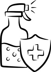Illustration of a spray bottle with a shield and cross, symbolizing protection and cleanliness.