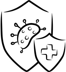 A hand-drawn icon of a medical shield providing protection and immunity against a virus or germ.