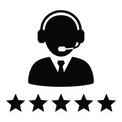 Customer service agent icon with five stars rating review and support concept