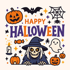 Fun Halloween Illustration with Cute Witch, Pumpkins, Ghost, Bat, and Spider Web