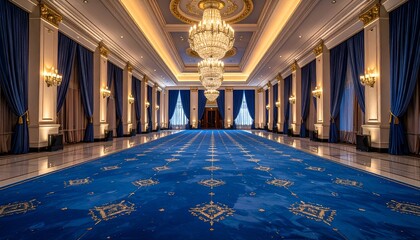 Elegant ballroom with blue carpet and chandeliers, showcasing opulent decor and soft lighting