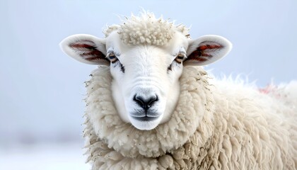 Close-up of a fluffy white sheep with a serene expression against a snowy background, evoking tranquility