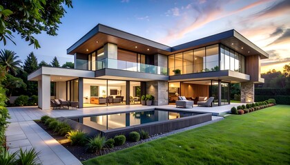 Fototapeta premium Modern architectural masterpiece featuring a sleek home with a pool at sunset, surrounded by lush greenery