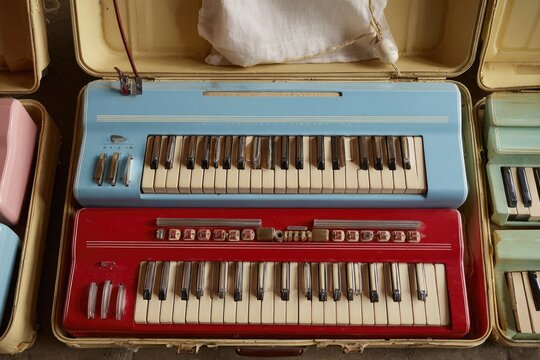 Two colorful vintage electric pianos arranged inside open suitcases